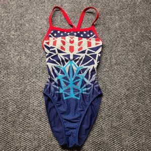 Arena Girls One Piece Swimsuit Patriotic Stars Stripes Geometric Red White Blue